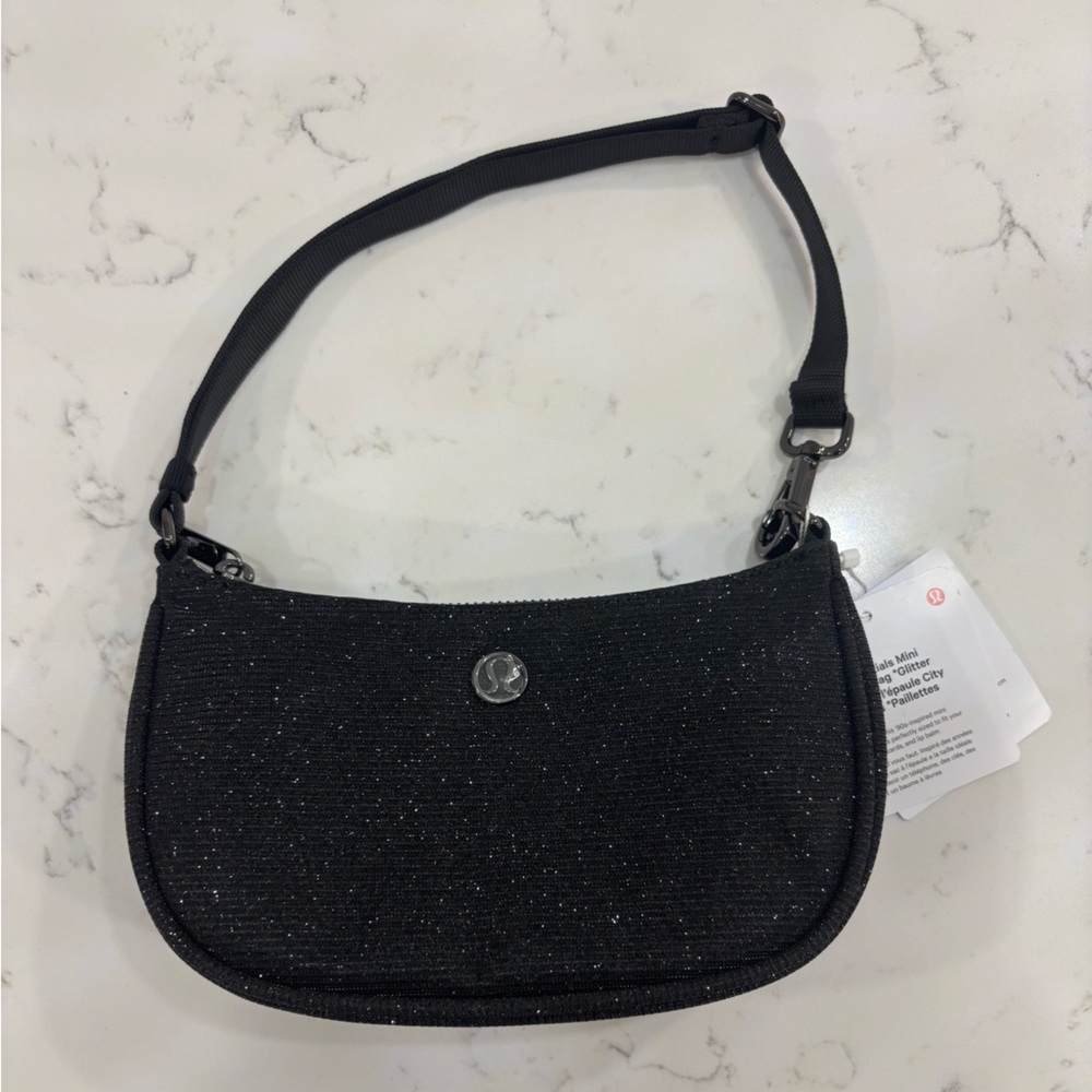 Lululemon City Essentials Mini Shoulder Bag Black Glitter Crescent Zip 1L